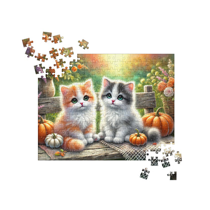 Cute Kittens on Fall Bench Halloween Autumn Puzzle (120, 252, 500-Pieces)