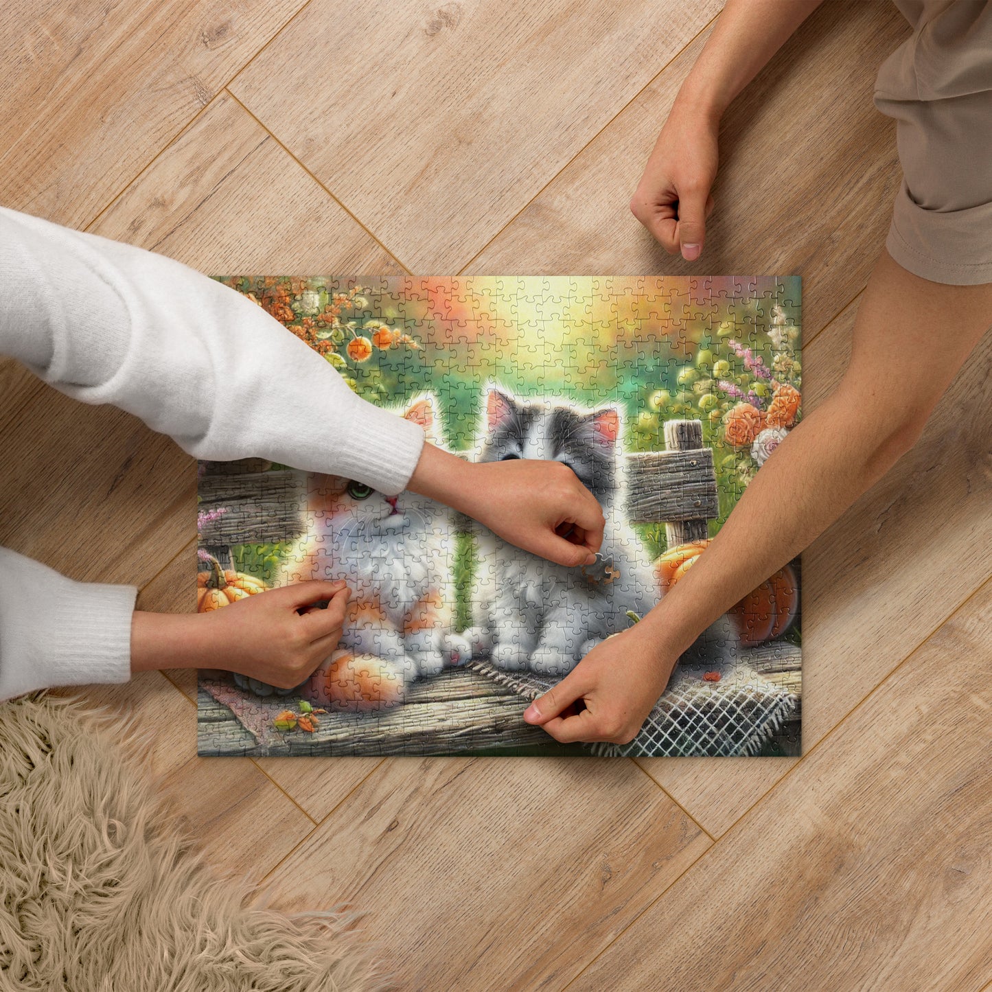 Cute Kittens on Fall Bench Halloween Autumn Puzzle (120, 252, 500-Pieces)