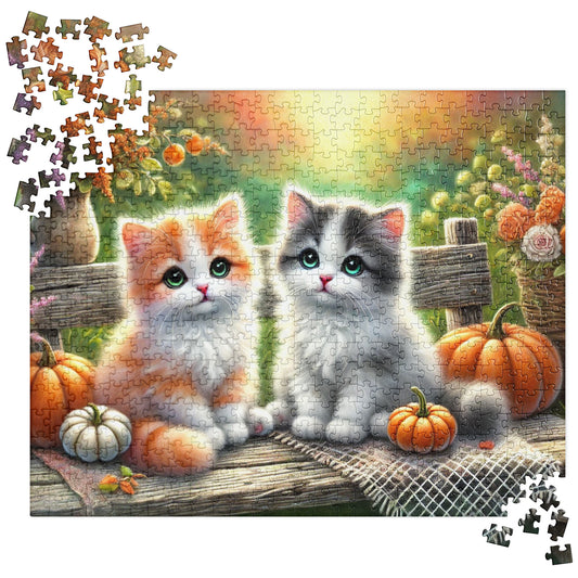 Cute Kittens on Fall Bench Halloween Autumn Puzzle (120, 252, 500-Pieces)