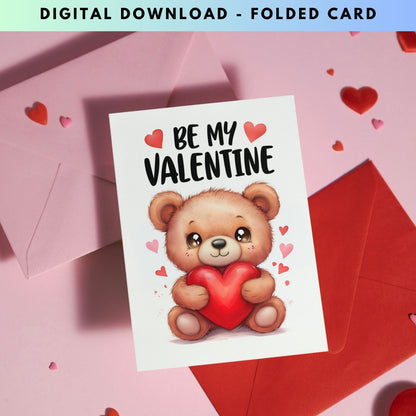 Cute Teddy Bear - Folded Valentine's Day Card - Digital Download - Print at Home