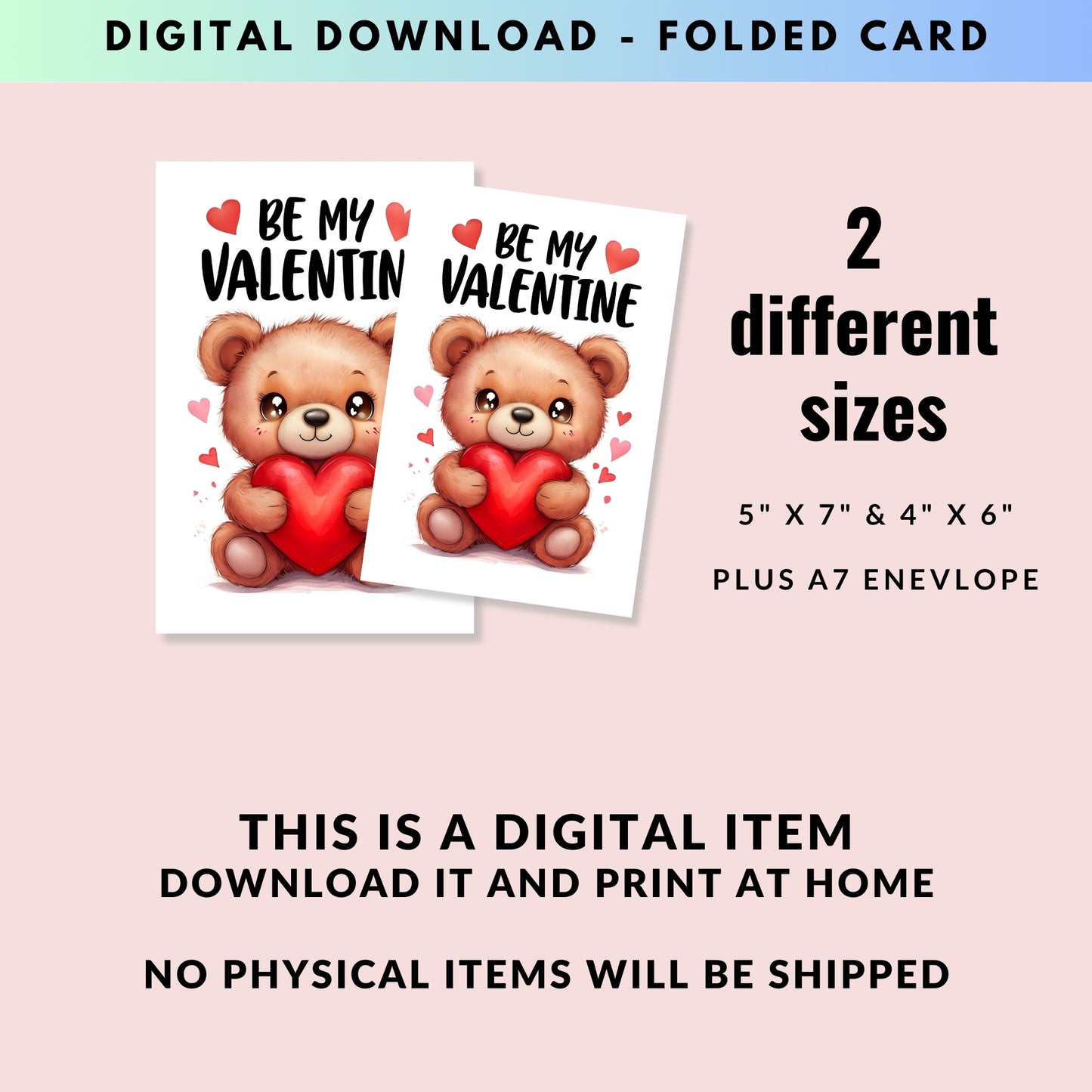 Cute Teddy Bear - Folded Valentine's Day Card - Digital Download - Print at Home