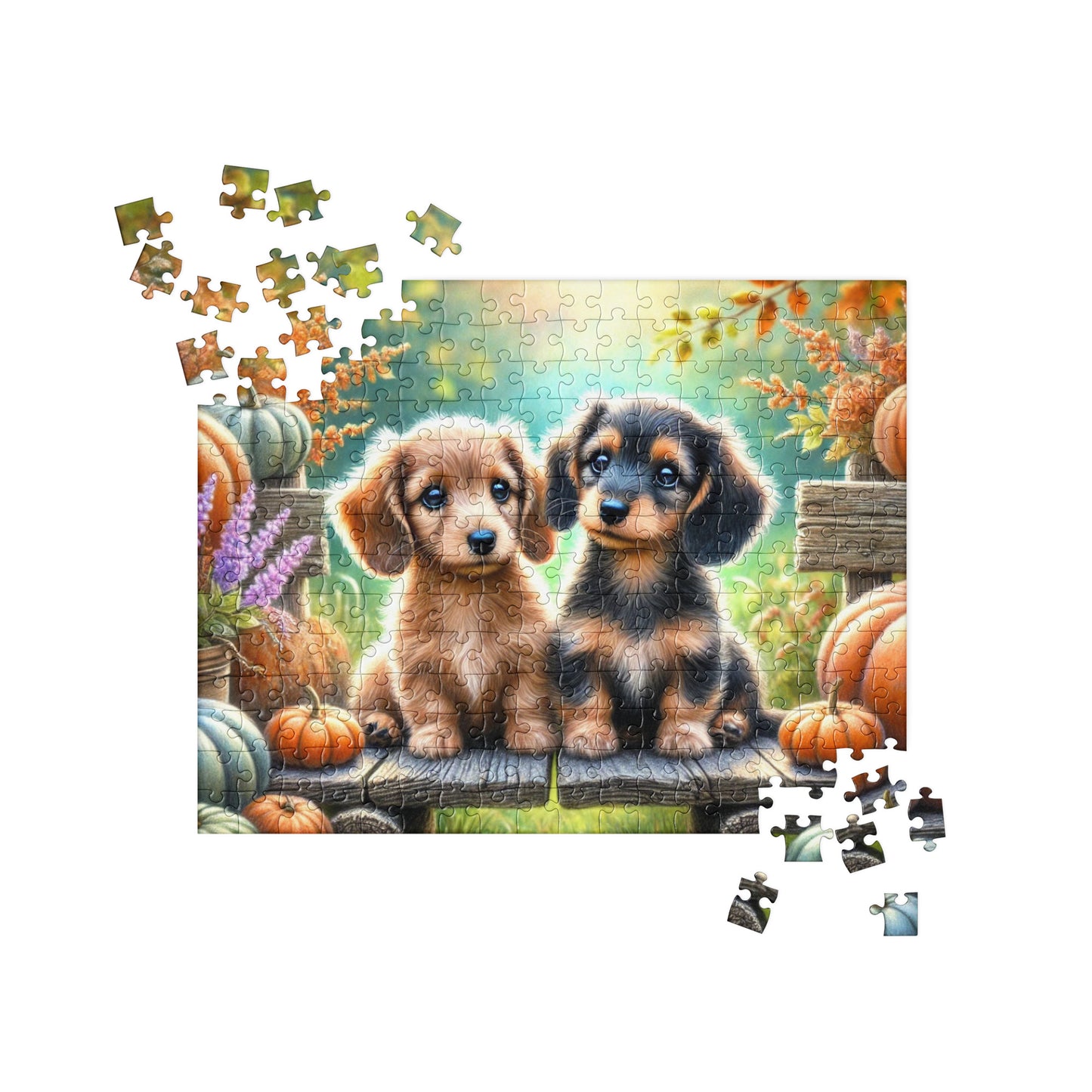 Dachshund Puppy Wiener Dogs on Fall Bench Halloween Puzzle (120, 252, 500-Pieces)