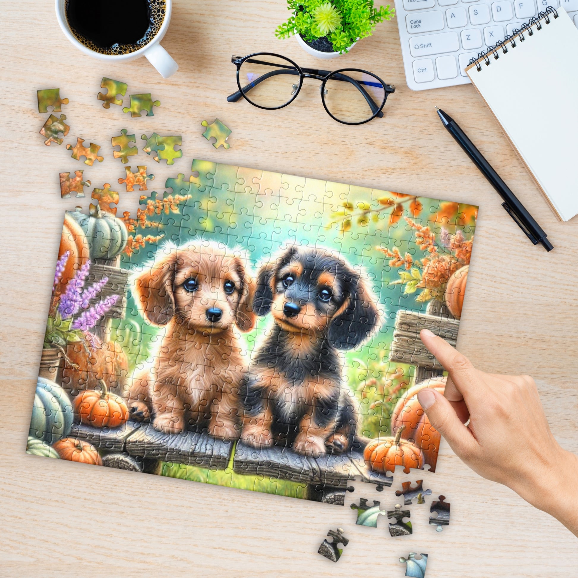 Dachshund Puppy Wiener Dogs on Fall Bench Halloween Puzzle (120, 252, 500-Pieces)
