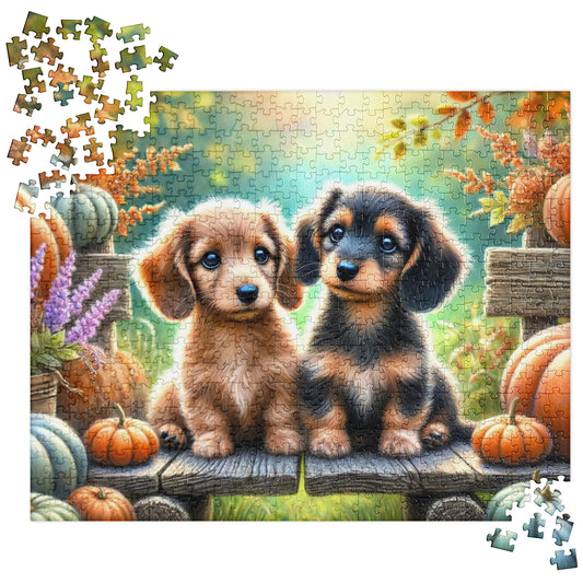 Dachshund Puppy Wiener Dogs on Fall Bench Halloween Puzzle (120, 252, 500-Pieces)