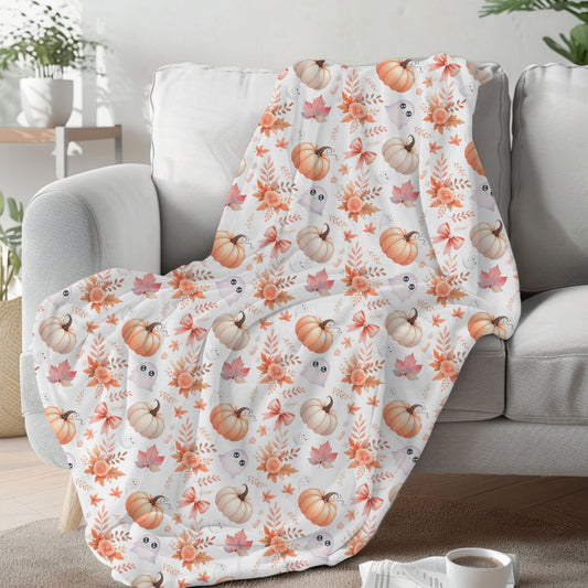 Cute Coquette Pumpkin & Ghost Pattern Cozy Fall Velveteen Plush Blanket