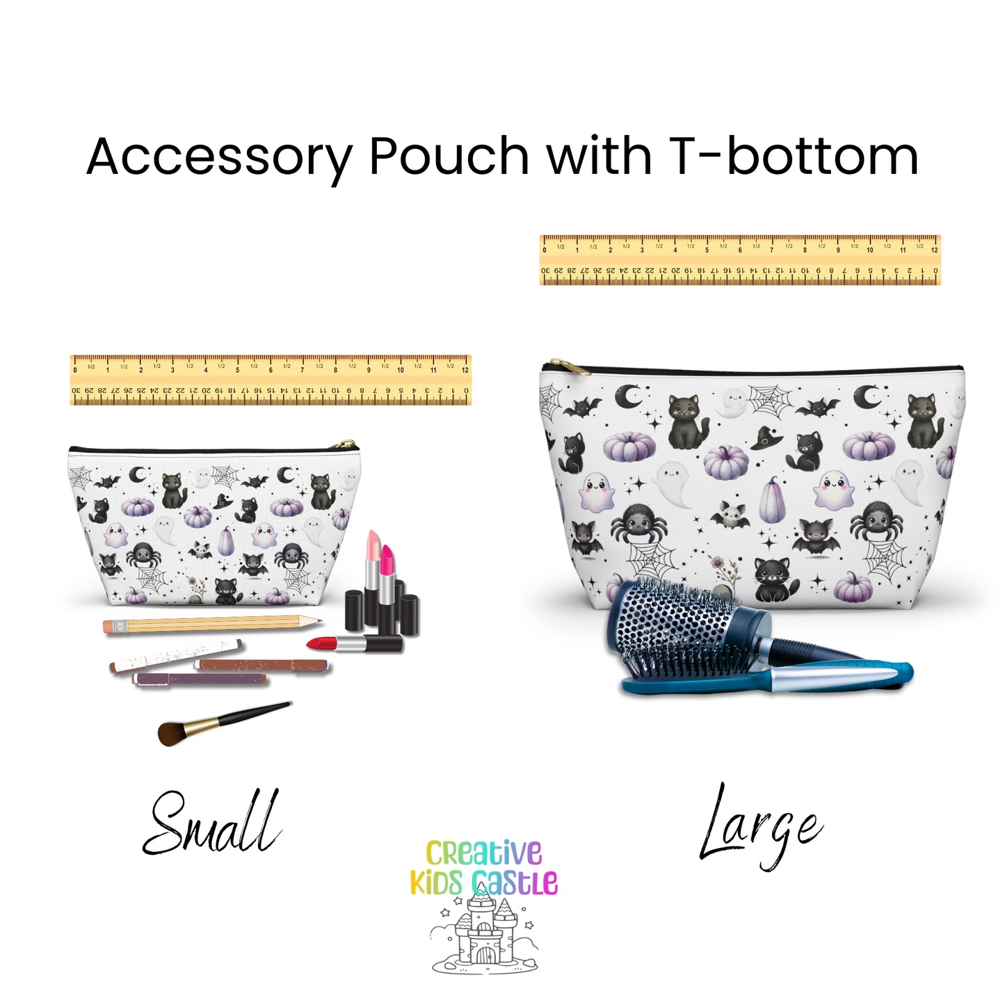 Cute Accessory Pouch with with Black Cats, Ghosts, Bats and Spiders