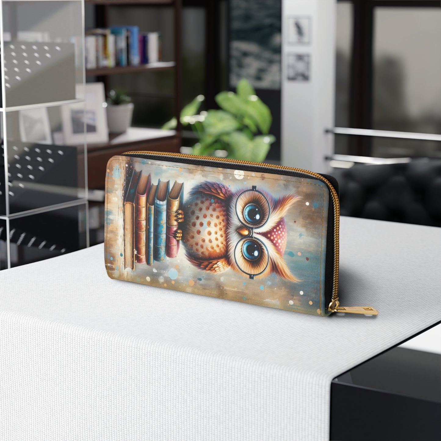 Cute Book Owl Zipper Wallet on table 