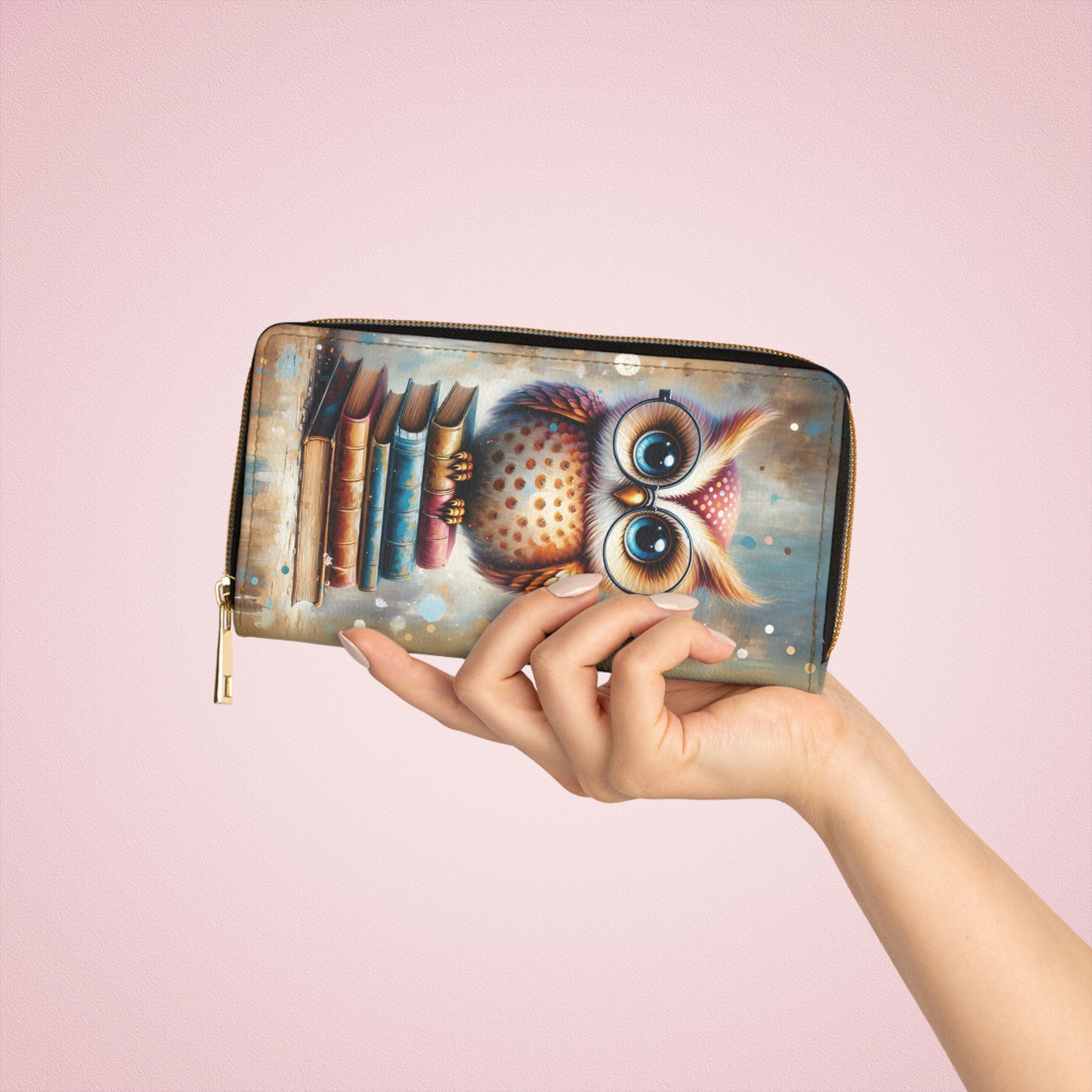 hand holding Cute Book Owl Zipper Wallet