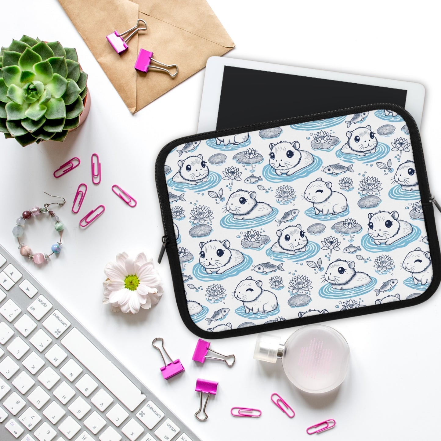 Cute Capybaras in a Lily Pond Laptop/ Tablet Sleeve