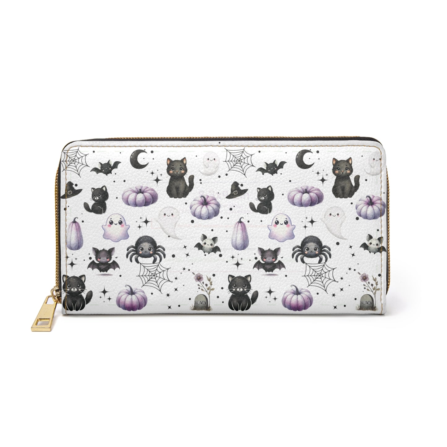 Cute Halloween Zipper Wallet with Black Cats, Ghosts, Bats and Spiders on white background