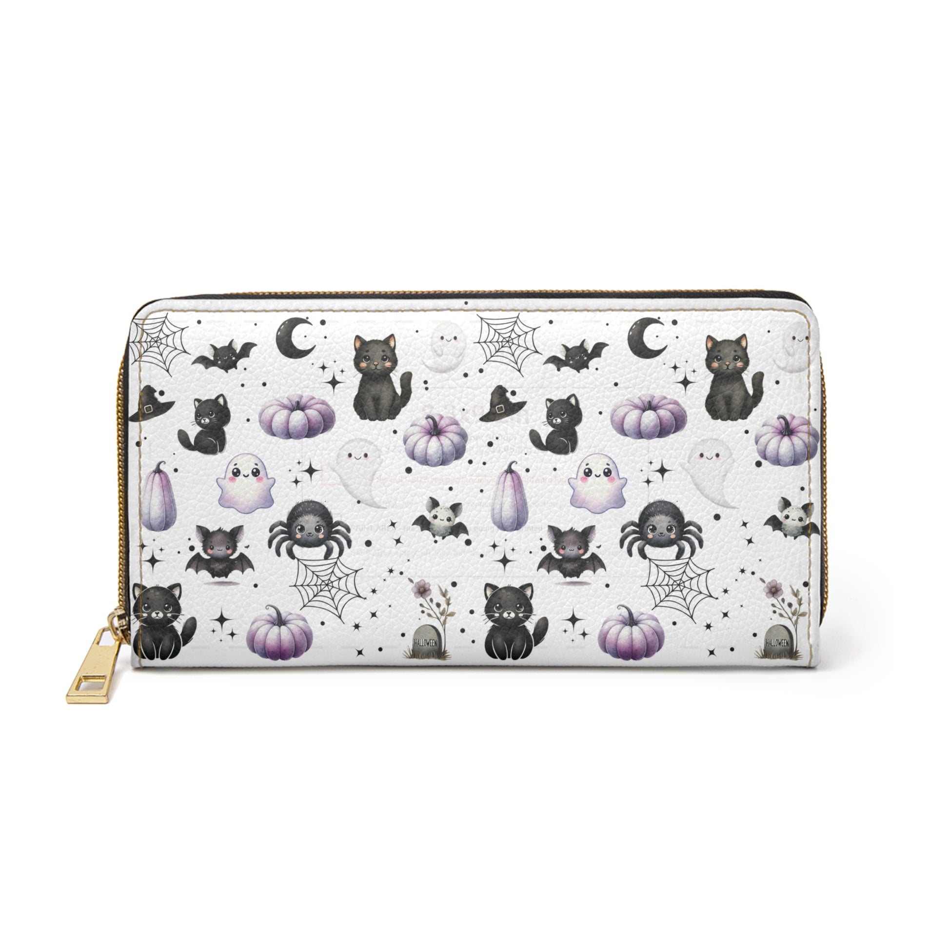 Cute Halloween Zipper Wallet with Black Cats, Ghosts, Bats and Spiders on white background