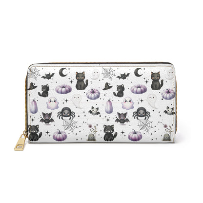 Cute Halloween Zipper Wallet with Black Cats, Ghosts, Bats and Spiders on white background