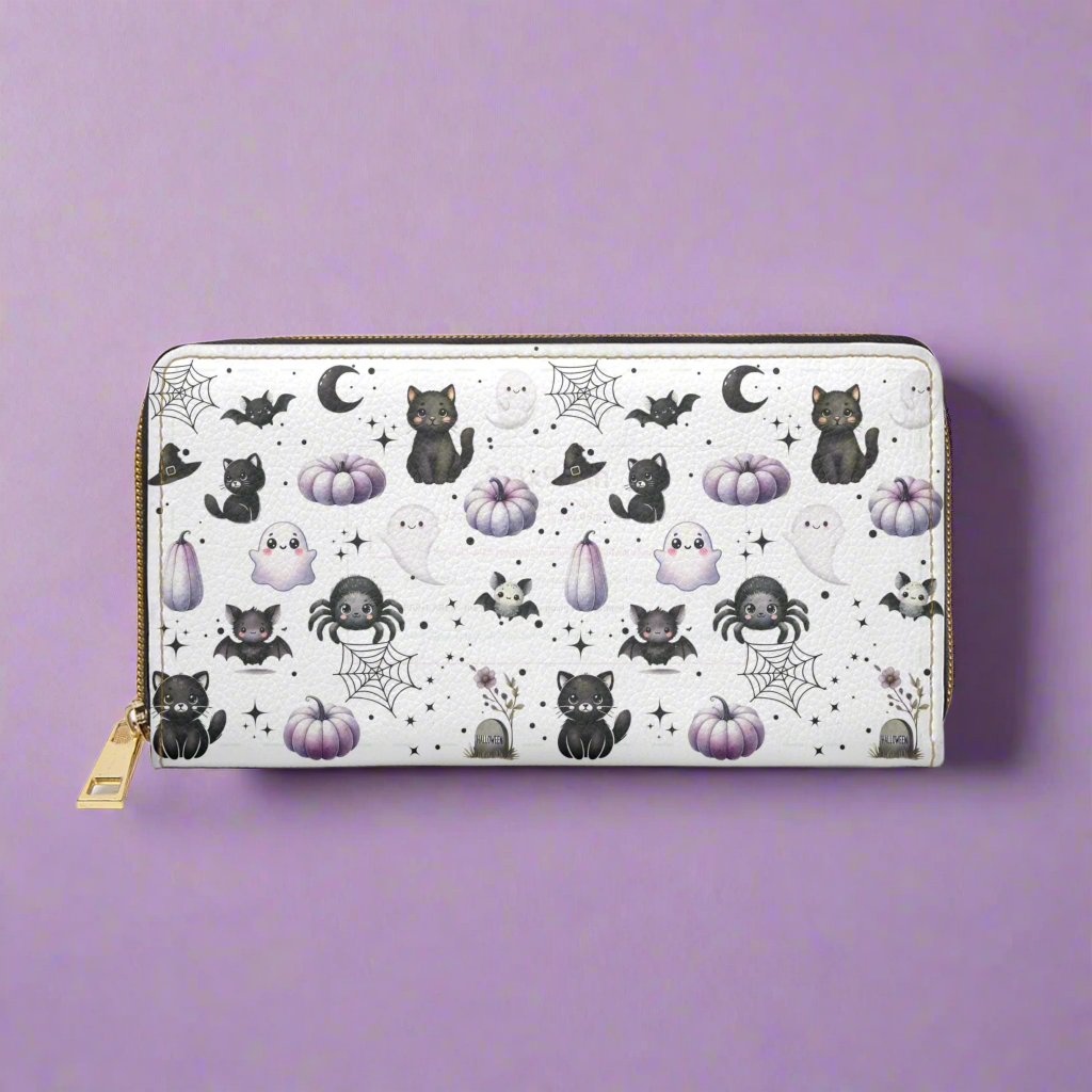 Cute Halloween Zipper Wallet with Black Cats, Ghosts, Bats and Spiders