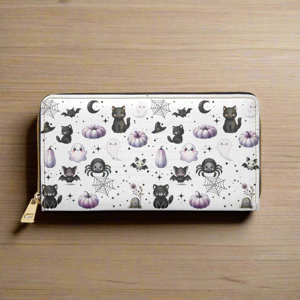Cute Halloween Zipper Wallet with Black Cats, Ghosts, Bats and Spiders
