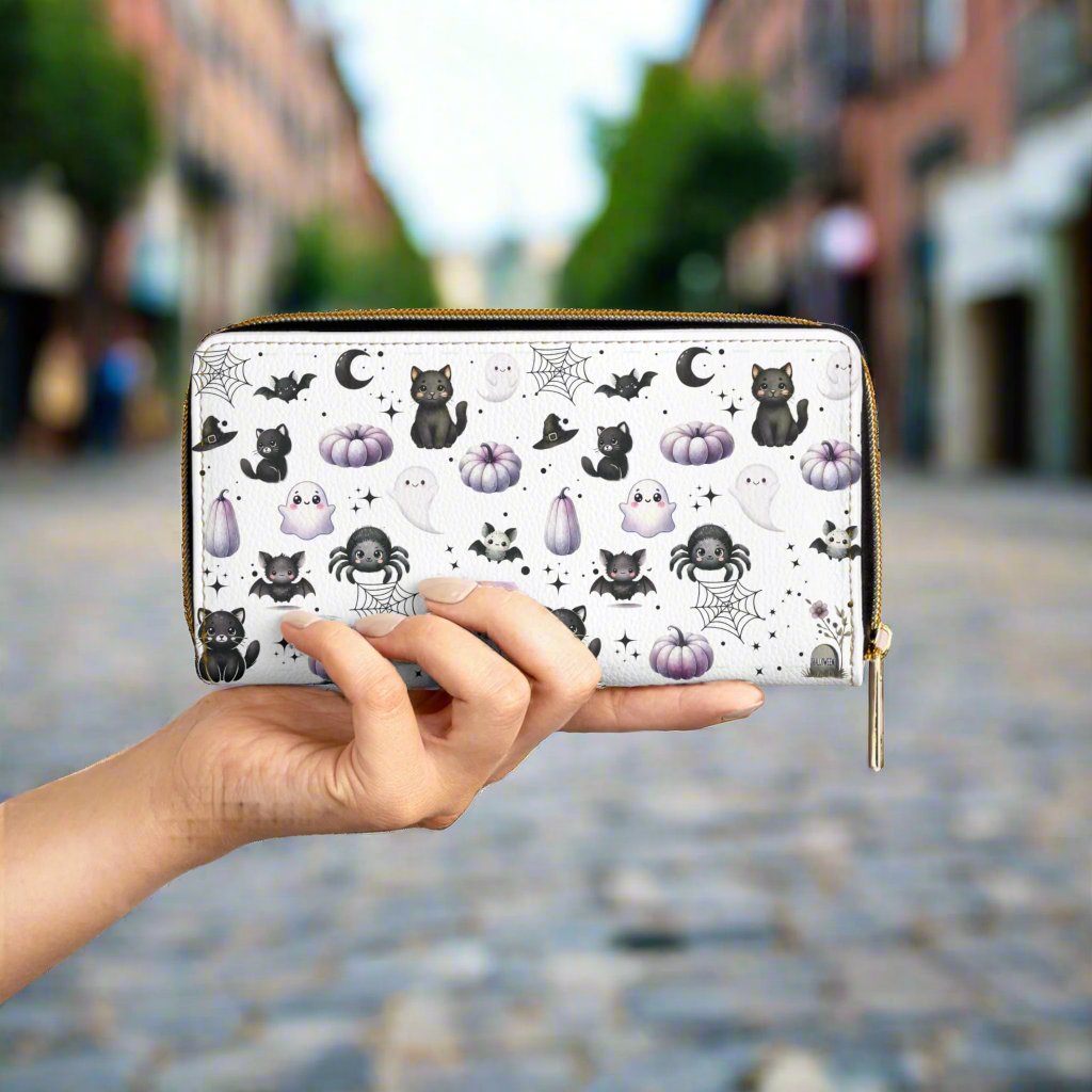 Cute Halloween Zipper Wallet with Black Cats, Ghosts, Bats and Spiders
