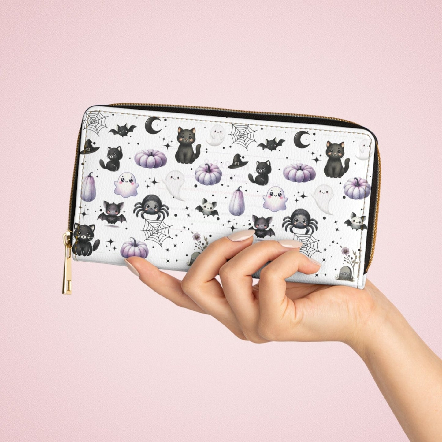 Cute Halloween Zipper Wallet with Black Cats, Ghosts, Bats and Spiders
