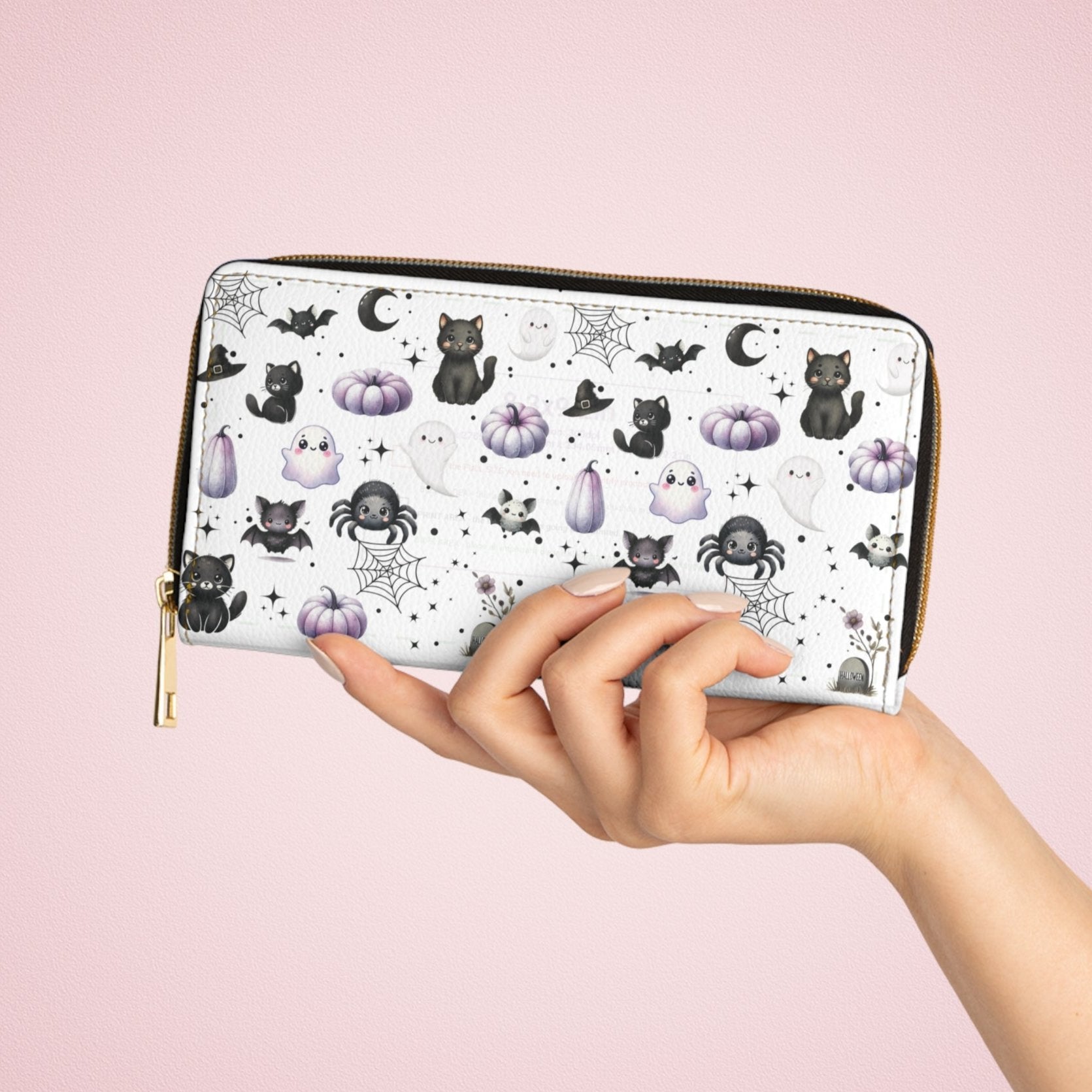 Cute Halloween Zipper Wallet with Black Cats, Ghosts, Bats and Spiders