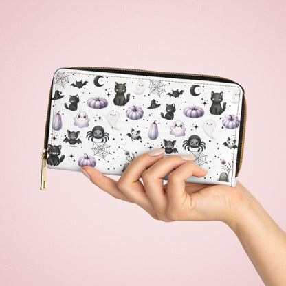 Cute Halloween Zipper Wallet with Black Cats, Ghosts, Bats and Spiders