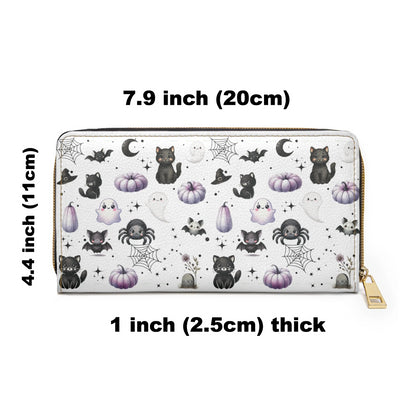 Cute Halloween Zipper Wallet with Black Cats, Ghosts, Bats and Spiders