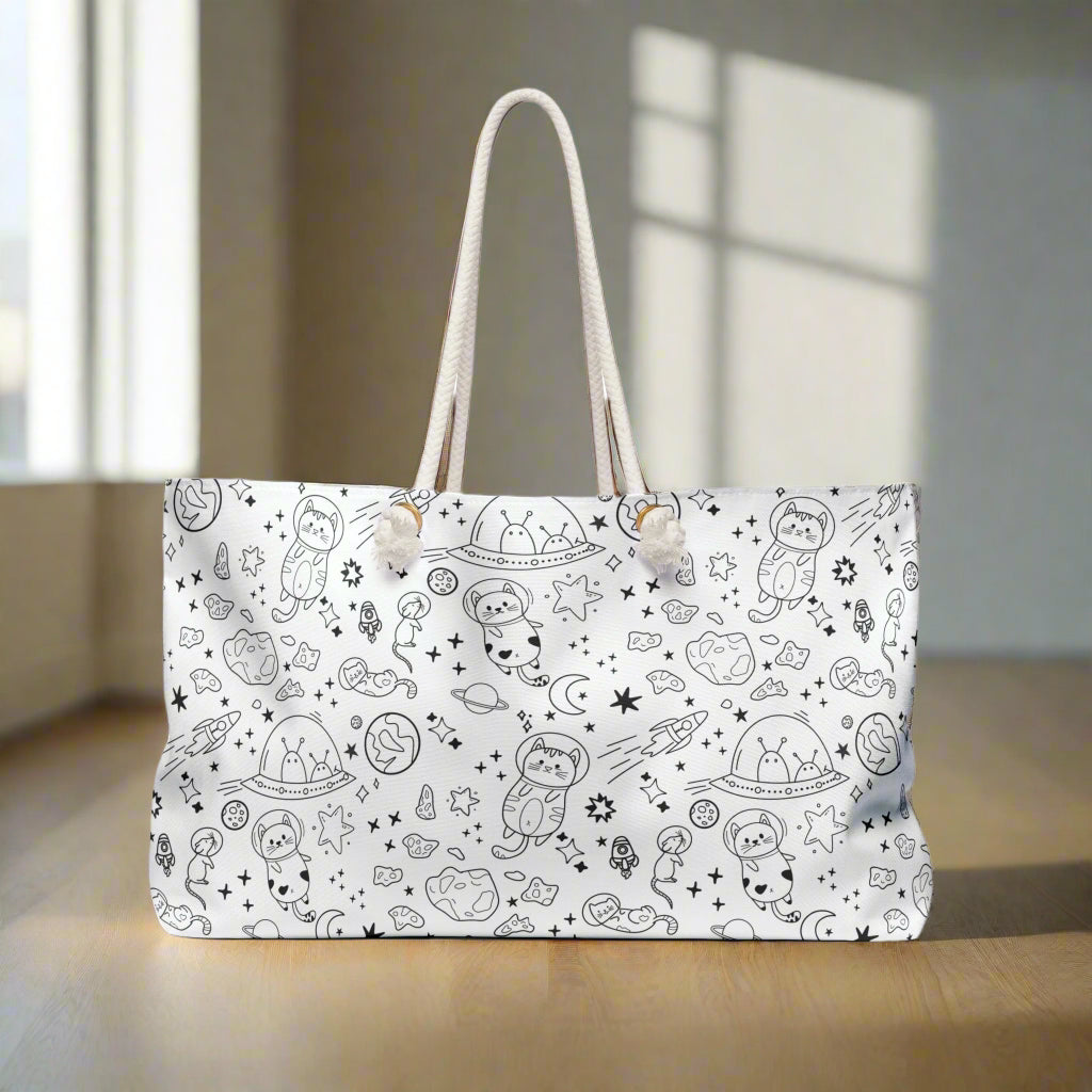 Cute Space-Themed Weekender Bag with Doodle Cat Astronauts