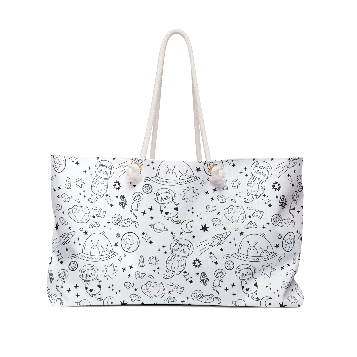 Cute Space-Themed Weekender Bag with Doodle Cat Astronauts front view