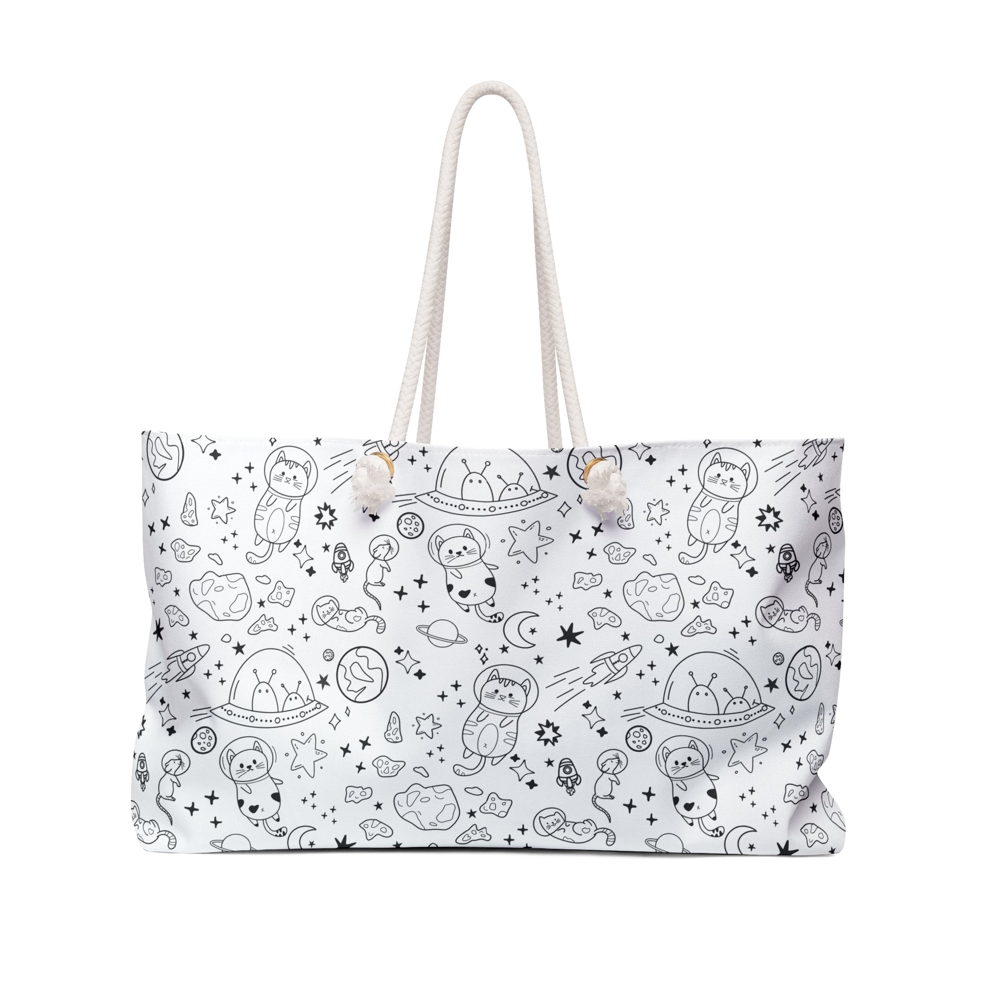Cute Space-Themed Weekender Bag with Doodle Cat Astronauts front view