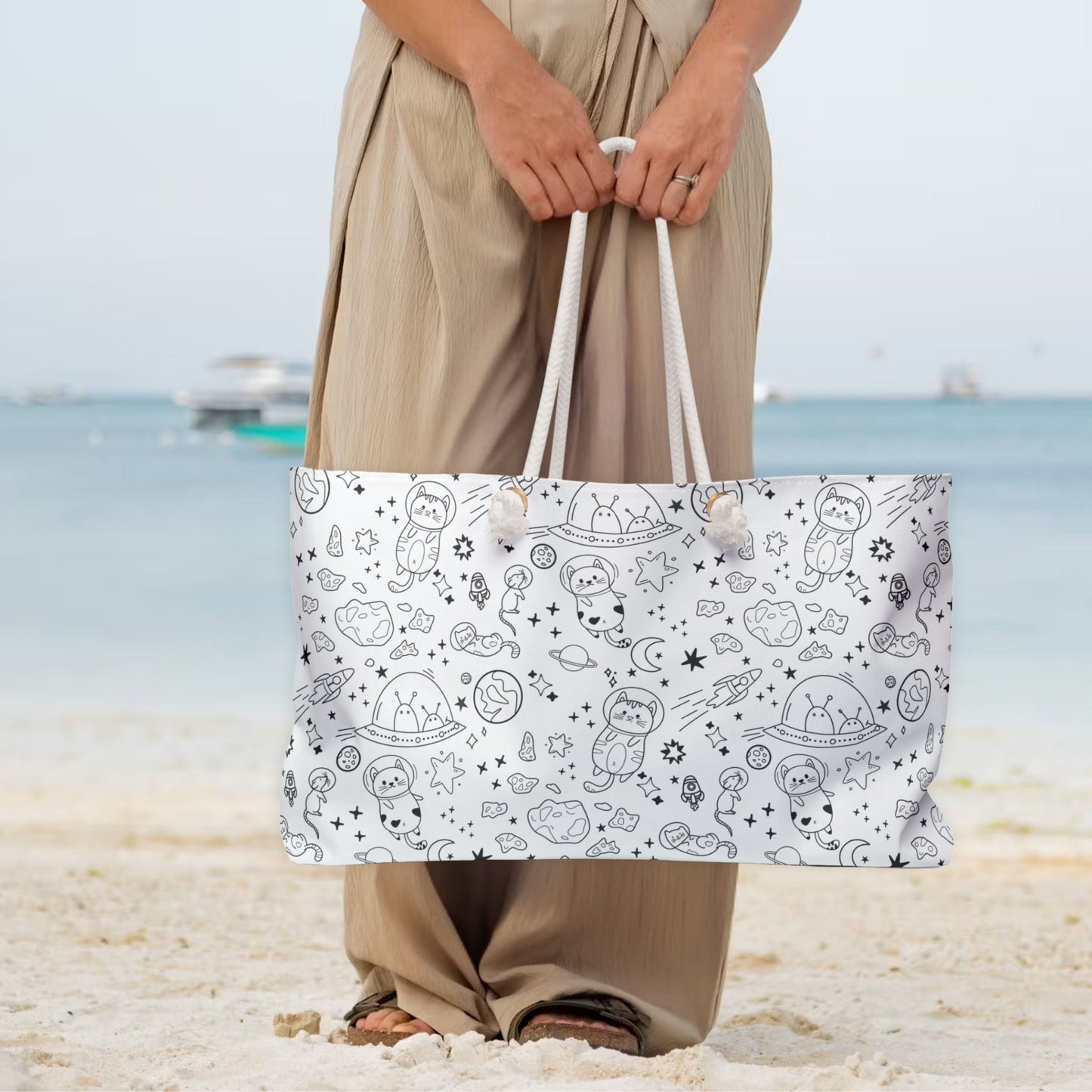 Cute Space-Themed Weekender Bag with Doodle Cat Astronauts