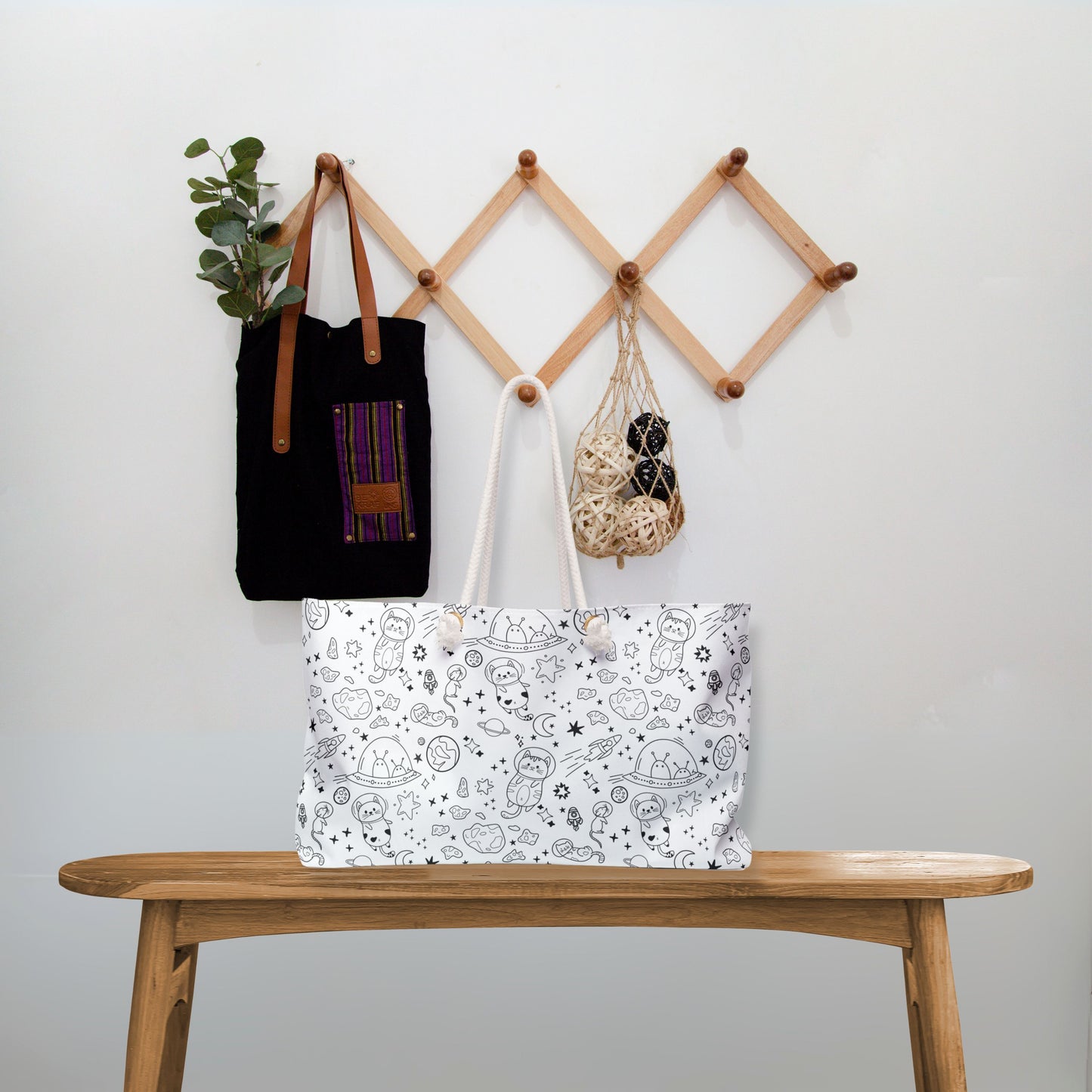 Cute Space-Themed Weekender Bag with Doodle Cat Astronauts