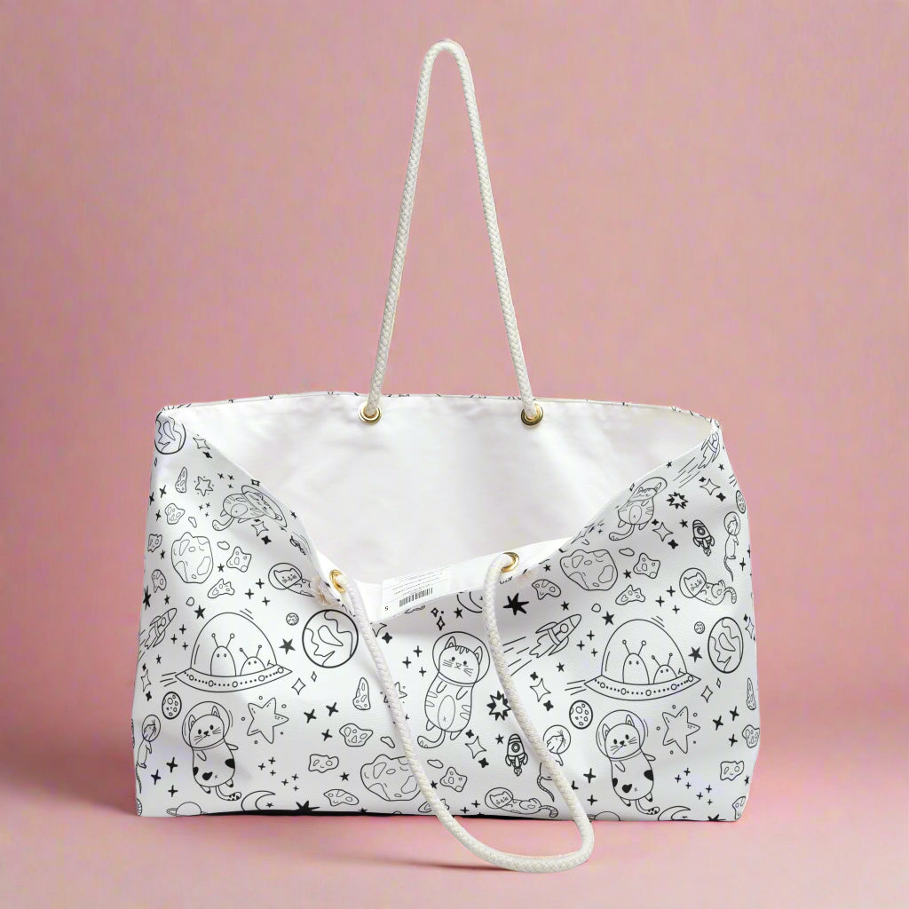 Cute Space-Themed Weekender Bag with Doodle Cat Astronauts