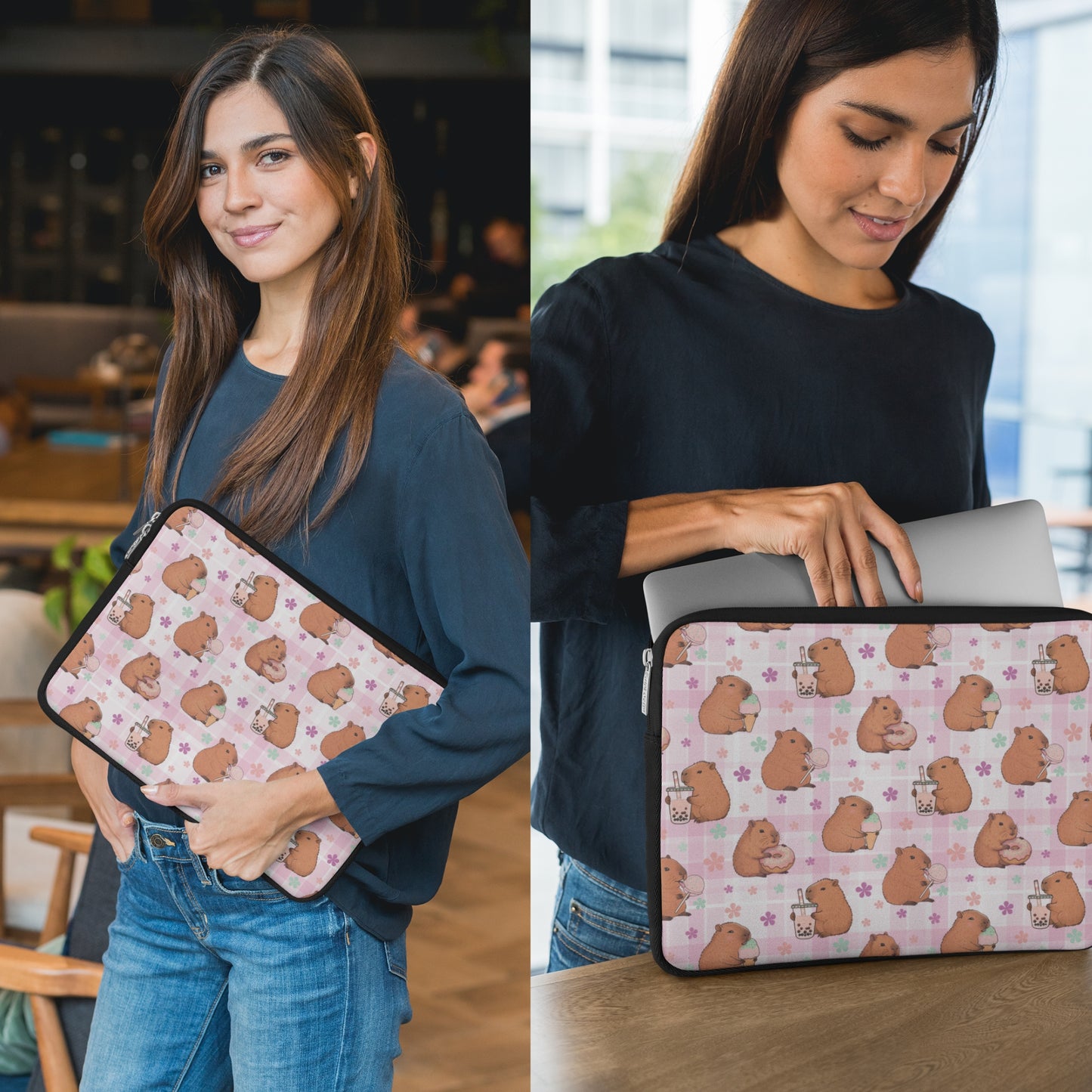 Cute Sweets Loving Capybara Plaid Pattern Laptop or Tablet Sleeve