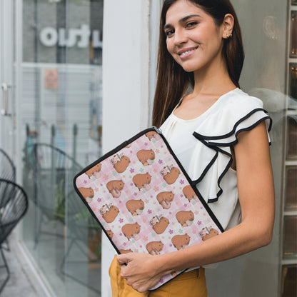 Cute Sweets Loving Capybara Plaid Pattern Laptop or Tablet Sleeve