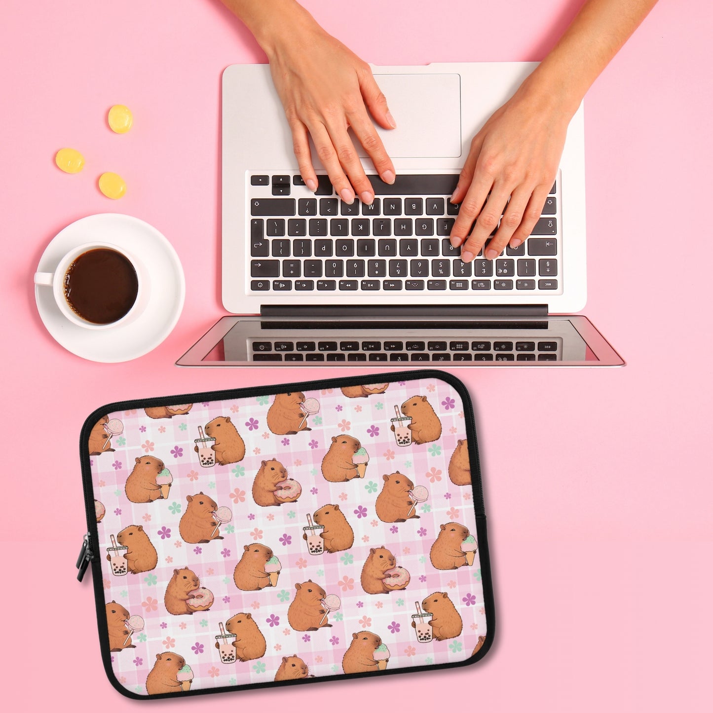Cute Sweets Loving Capybara Plaid Pattern Laptop or Tablet Sleeve