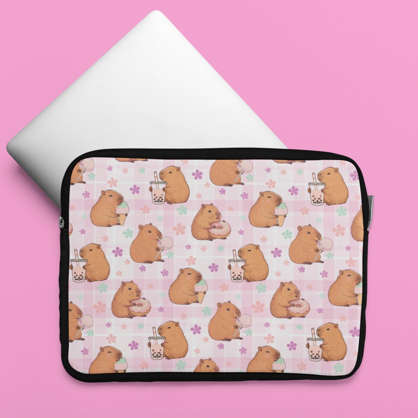 Cute Sweets Loving Capybara Plaid Pattern Laptop or Tablet Sleeve