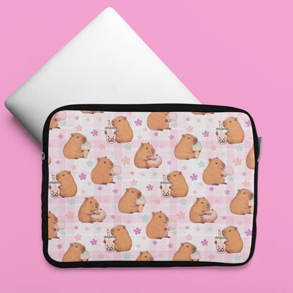 Cute Sweets Loving Capybara Plaid Pattern Laptop or Tablet Sleeve