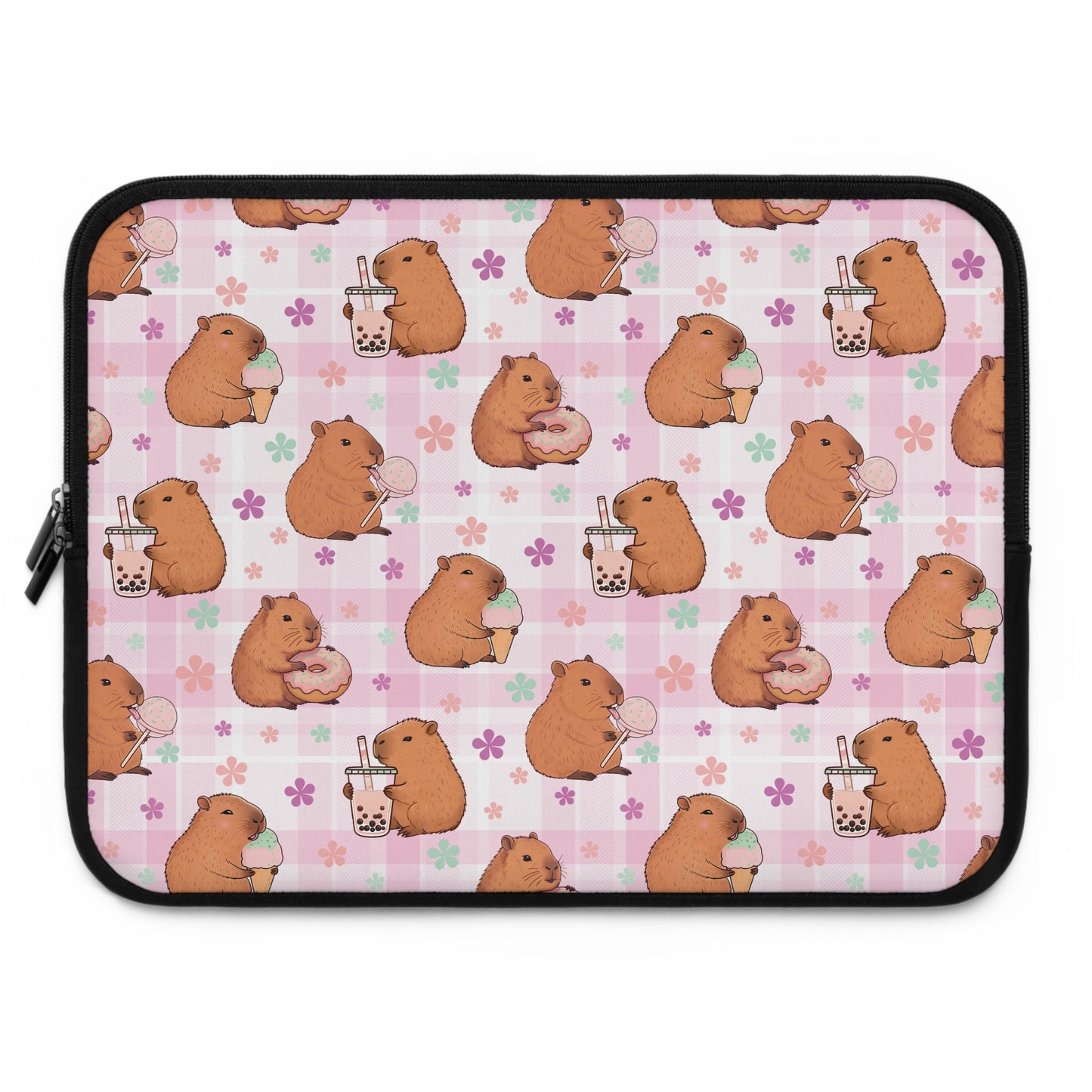 Cute Sweets Loving Capybara Plaid Pattern Laptop Sleeve 15"