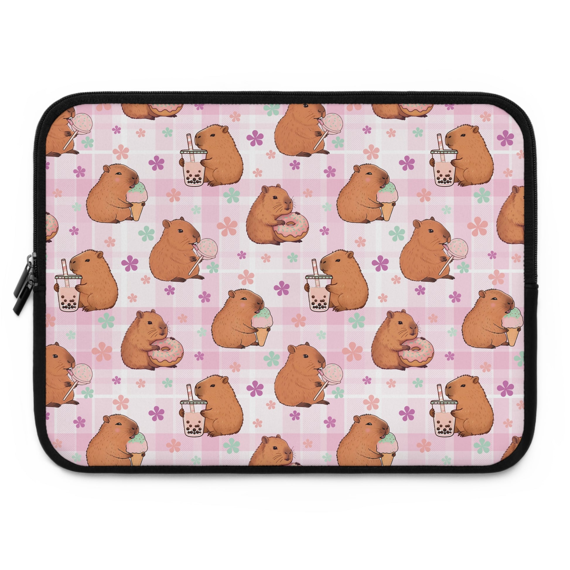 Cute Sweets Loving Capybara Plaid Pattern Laptop Sleeve 15"