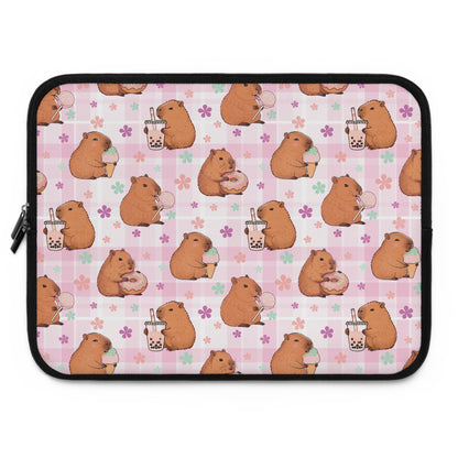 Cute Sweets Loving Capybara Plaid Pattern Laptop Sleeve 15"