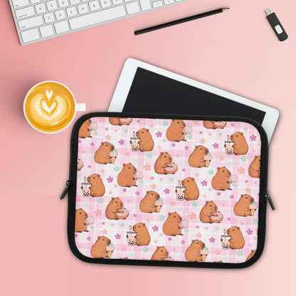 Cute Sweets Loving Capybara Plaid Pattern Laptop or Tablet Sleeve