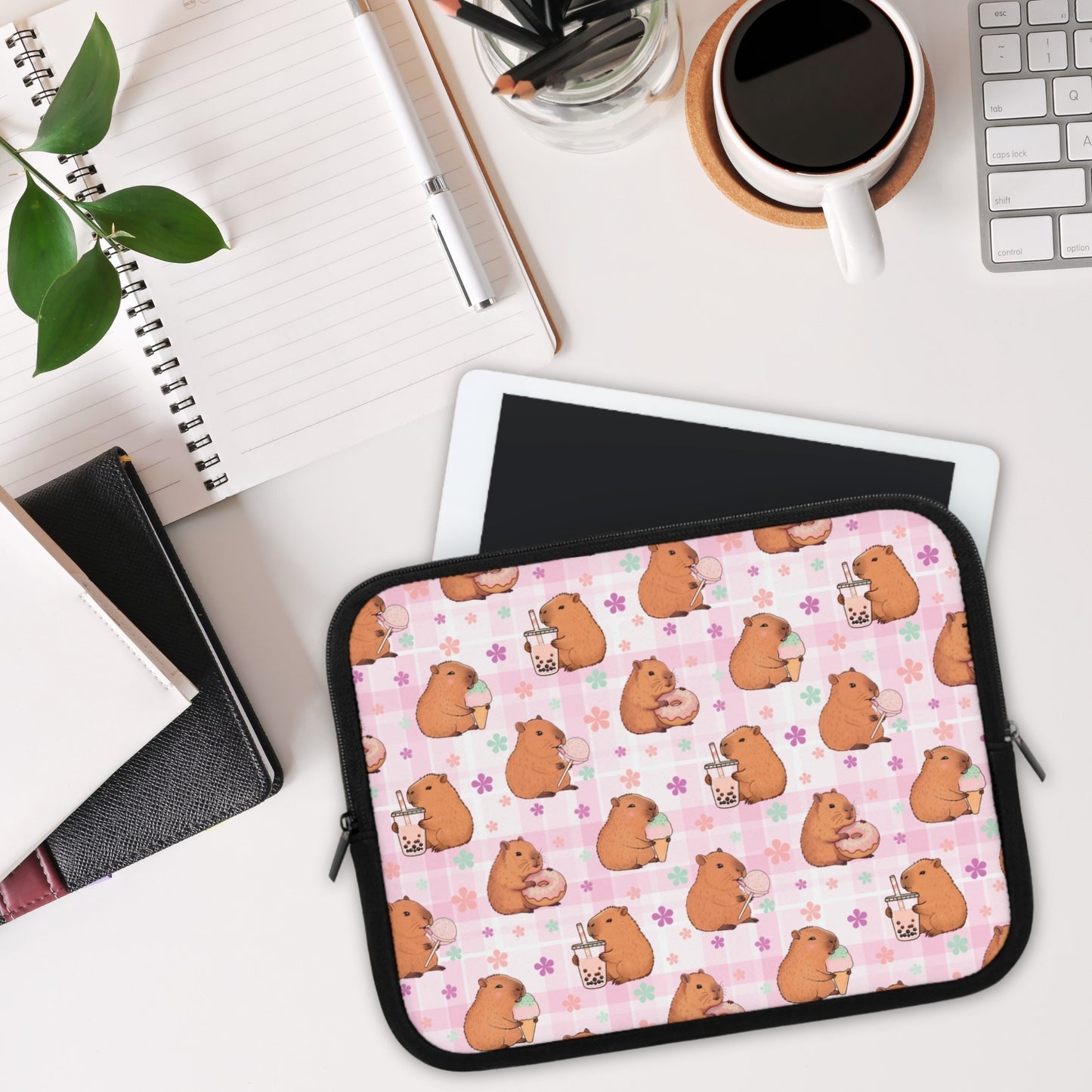 Cute Sweets Loving Capybara Plaid Pattern Laptop or Tablet Sleeve