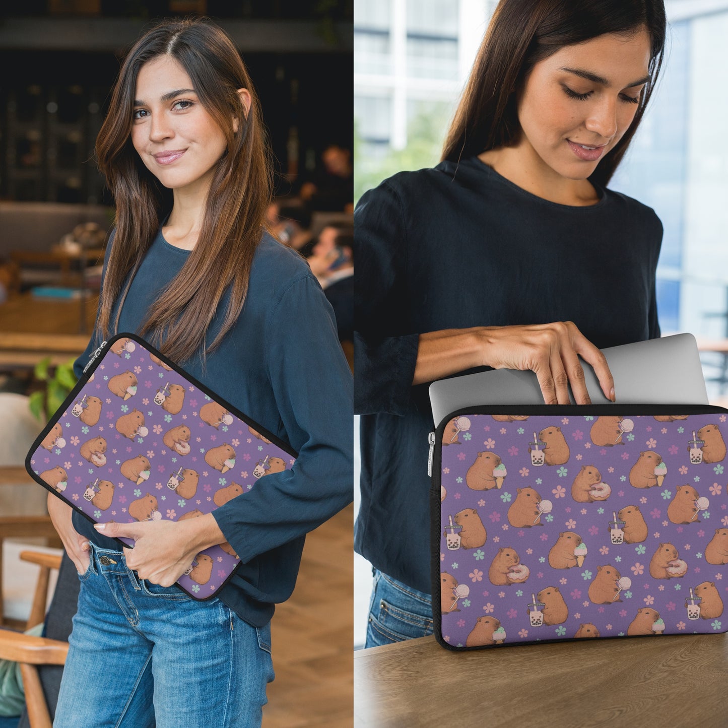 Cute Sweets Loving Capybara Purple Laptop Sleeve