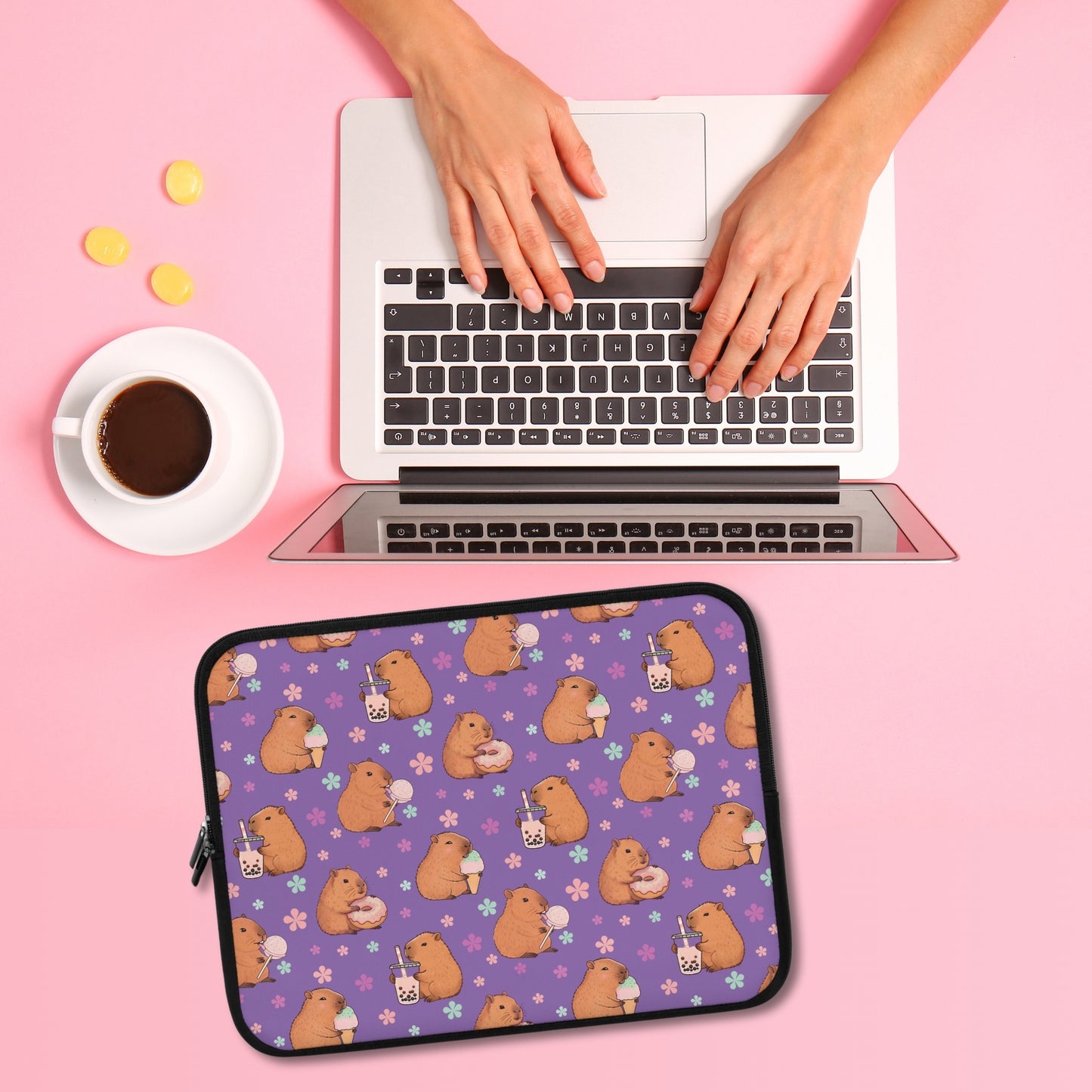 Cute Sweets Loving Capybara Purple Laptop Sleeve