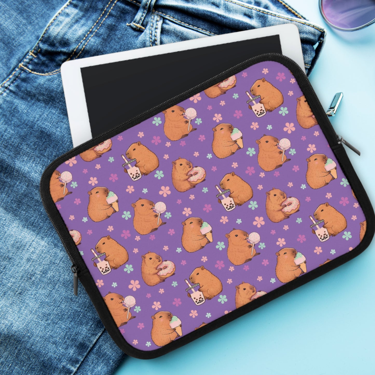 Cute Sweets Loving Capybara Purple Laptop Sleeve