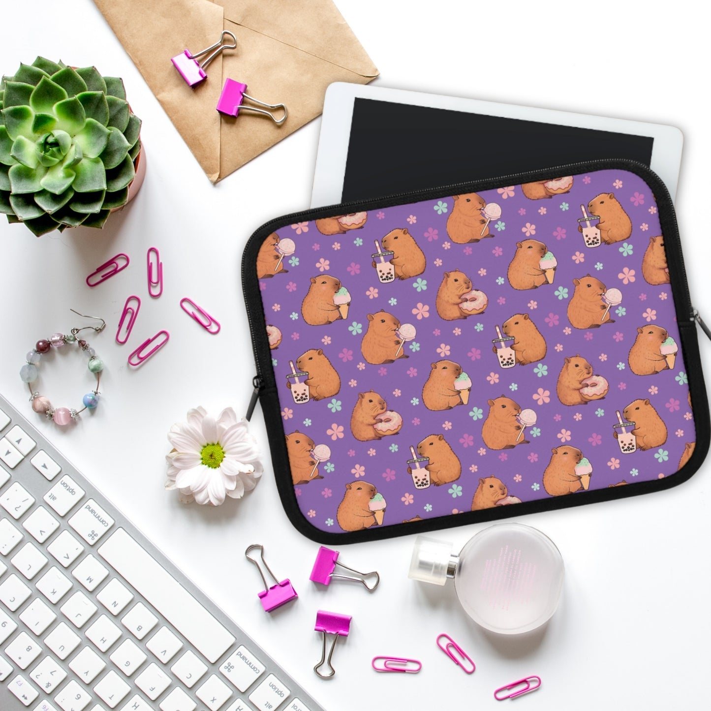 Cute Sweets Loving Capybara Purple Laptop Sleeve