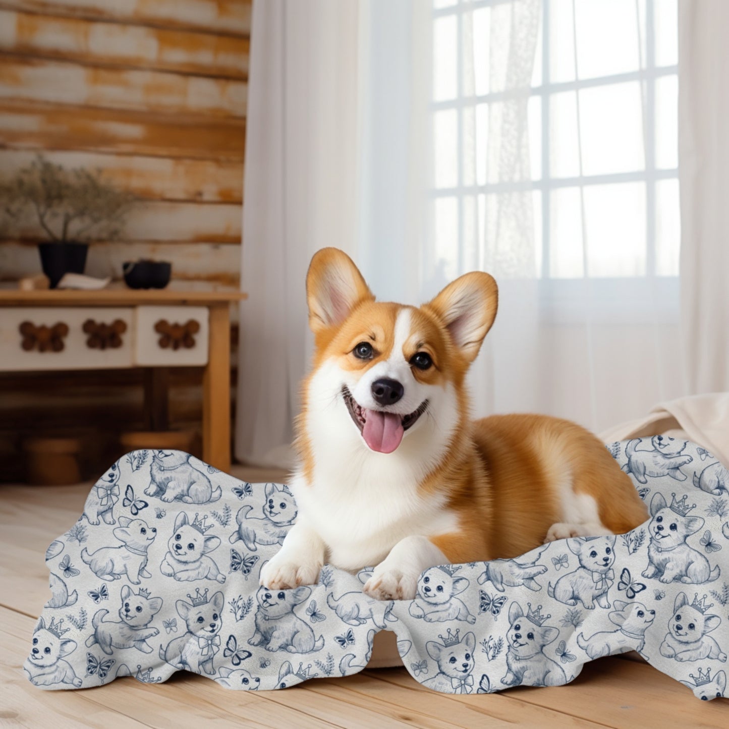 Cute Toile de Jouy playful Corgis Cozy Velveteen Plush Blanket