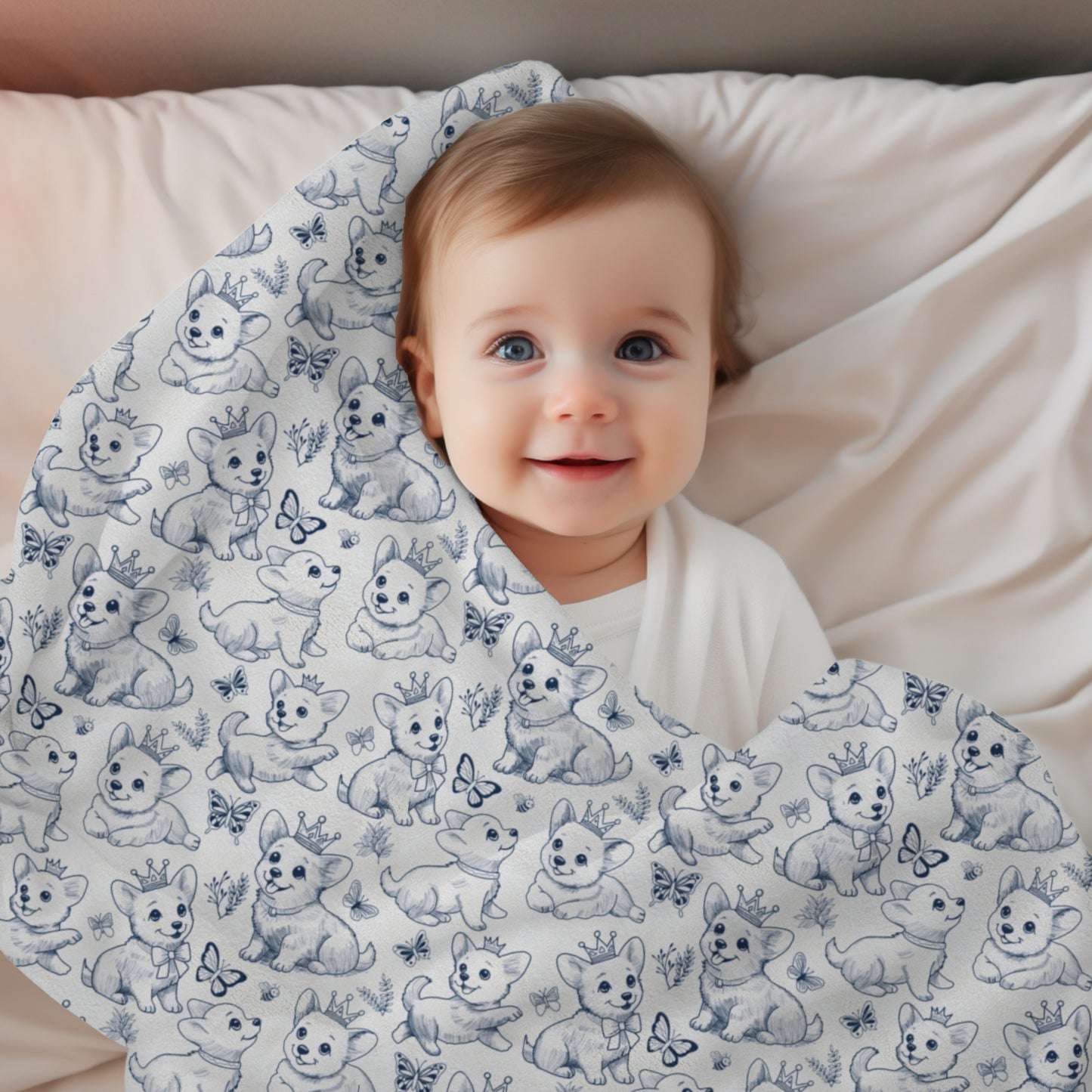 Cute Toile de Jouy playful Corgis Cozy Velveteen Plush Blanket