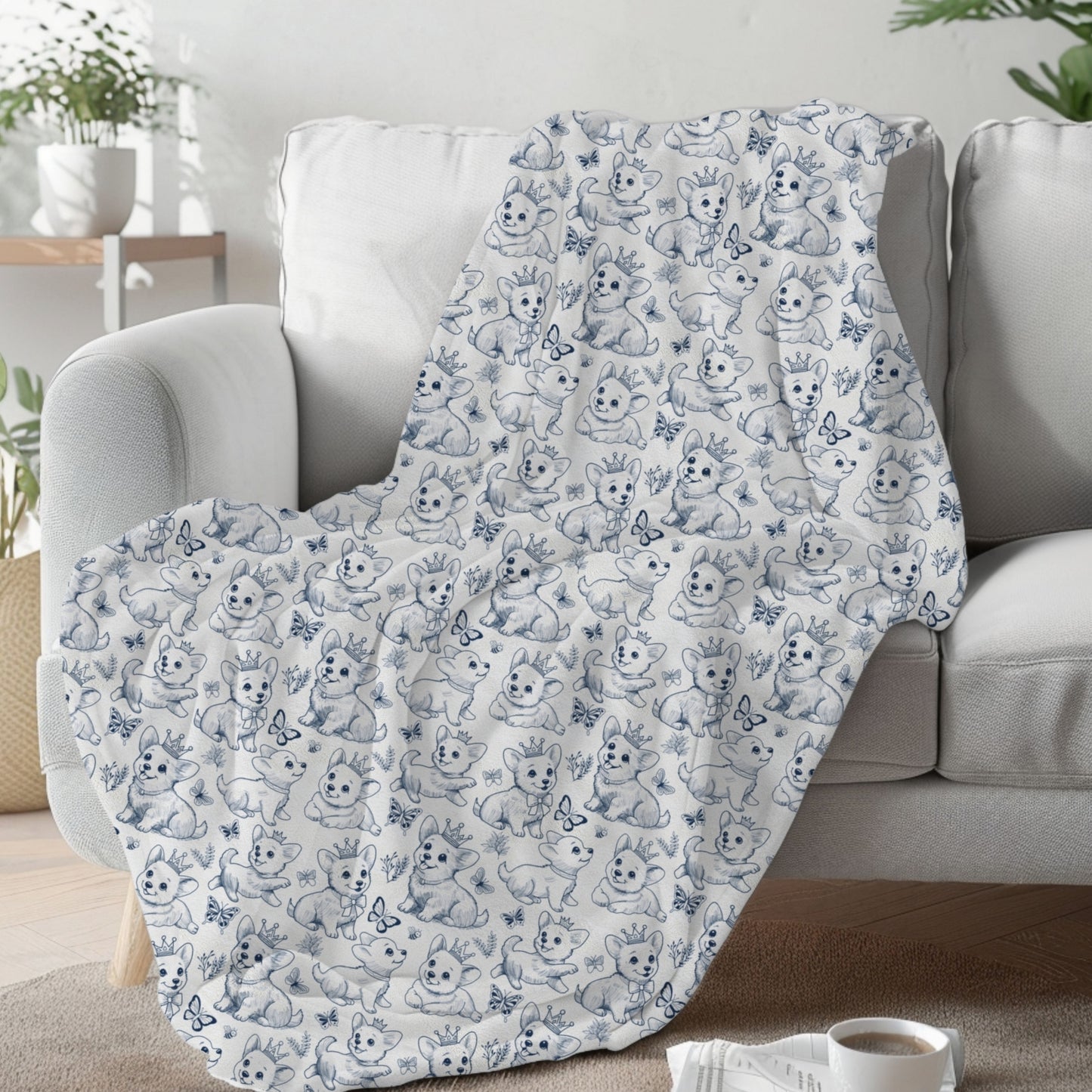 Cute Toile de Jouy playful Corgis Cozy Velveteen Plush Blanket