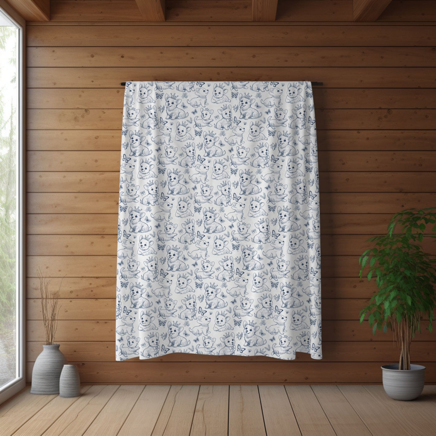 Cute Toile de Jouy playful Corgis Cozy Velveteen Plush Blanket