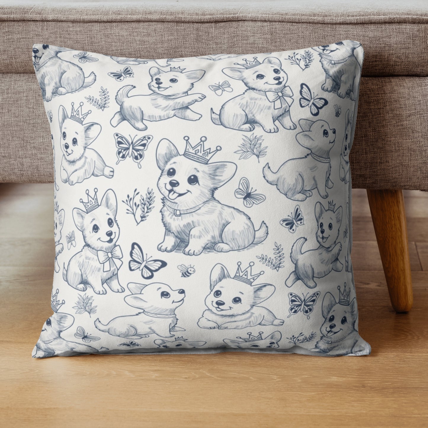 Cute Toile de Jouy playful Corgis Faux Suede Square Pillow