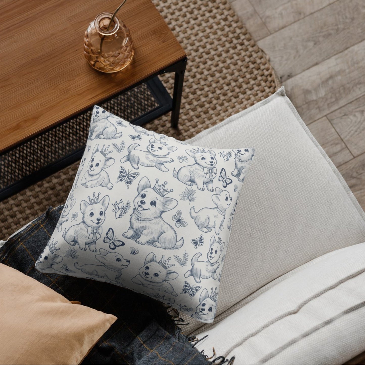 Cute Toile de Jouy playful Corgis Faux Suede Square Pillow