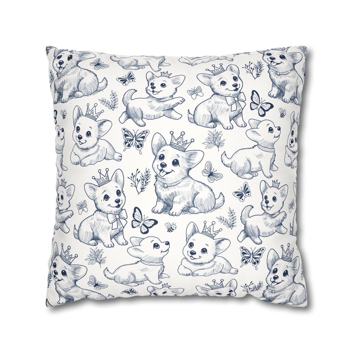 Cute Toile de Jouy playful Corgis Faux Suede Square Pillow 